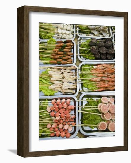 Snacks at Outdoor Grill Stand, Old Town, Lijiang, Yunnan Province, China-Walter Bibikow-Framed Photographic Print