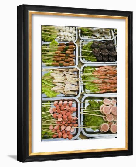 Snacks at Outdoor Grill Stand, Old Town, Lijiang, Yunnan Province, China-Walter Bibikow-Framed Photographic Print