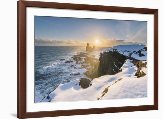 Snaefellsnes Peninsula, Western Iceland, Iceland. Londrangar sea stack and coastal cliffs at sunset-Marco Bottigelli-Framed Photographic Print