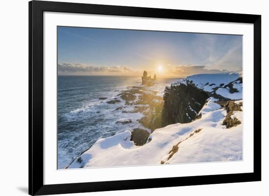 Snaefellsnes Peninsula, Western Iceland, Iceland. Londrangar sea stack and coastal cliffs at sunset-Marco Bottigelli-Framed Photographic Print