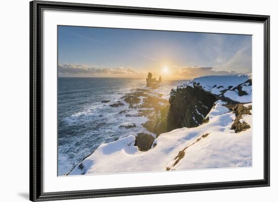 Snaefellsnes Peninsula, Western Iceland, Iceland. Londrangar sea stack and coastal cliffs at sunset-Marco Bottigelli-Framed Photographic Print