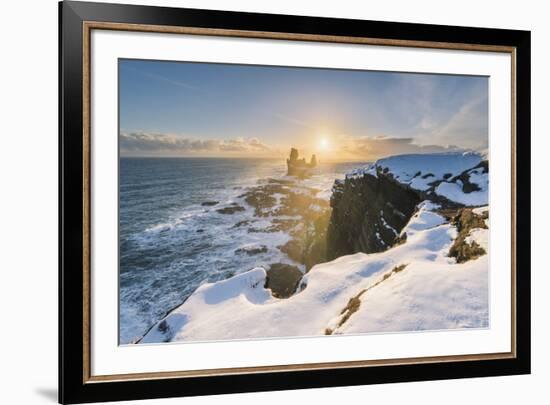 Snaefellsnes Peninsula, Western Iceland, Iceland. Londrangar sea stack and coastal cliffs at sunset-Marco Bottigelli-Framed Photographic Print