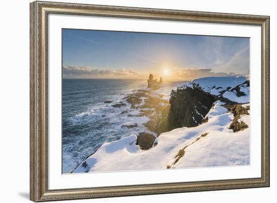 Snaefellsnes Peninsula, Western Iceland, Iceland. Londrangar sea stack and coastal cliffs at sunset-Marco Bottigelli-Framed Photographic Print