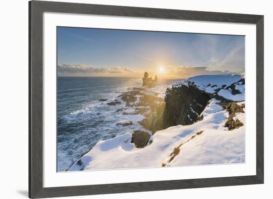 Snaefellsnes Peninsula, Western Iceland, Iceland. Londrangar sea stack and coastal cliffs at sunset-Marco Bottigelli-Framed Photographic Print