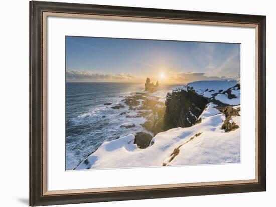 Snaefellsnes Peninsula, Western Iceland, Iceland. Londrangar sea stack and coastal cliffs at sunset-Marco Bottigelli-Framed Photographic Print