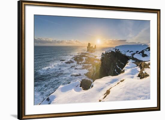 Snaefellsnes Peninsula, Western Iceland, Iceland. Londrangar sea stack and coastal cliffs at sunset-Marco Bottigelli-Framed Photographic Print