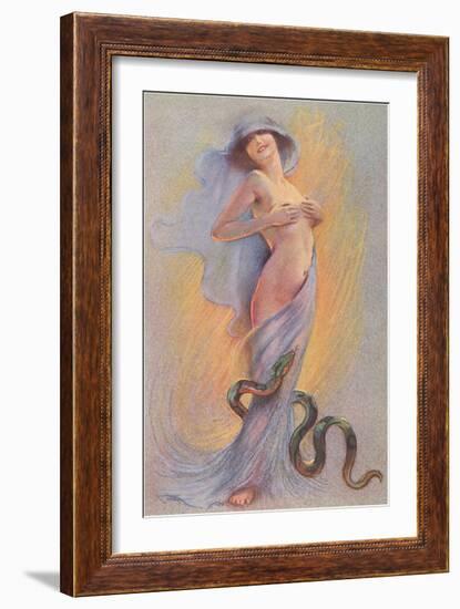 Snake and Woman with Hands on Breasts-null-Framed Art Print