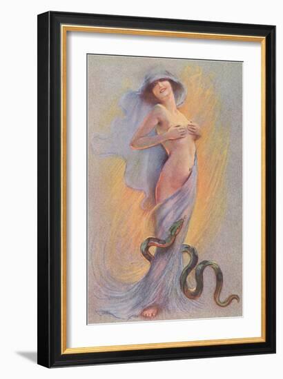 Snake and Woman with Hands on Breasts-null-Framed Art Print