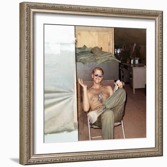 Snapshot of Vietnam War Soldier Relaxing on Base, Ca. 1970-null-Framed Photographic Print