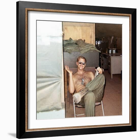 Snapshot of Vietnam War Soldier Relaxing on Base, Ca. 1970-null-Framed Photographic Print