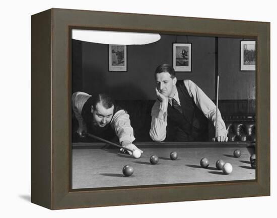 Snooker Player Prepares to Play a Shot as His Partner Looks On-null-Framed Premier Image Canvas