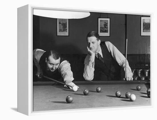 Snooker Player Prepares to Play a Shot as His Partner Looks On-null-Framed Premier Image Canvas