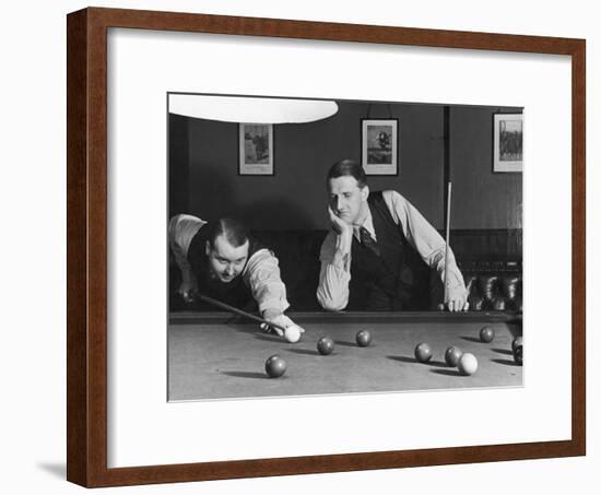 Snooker Player Prepares to Play a Shot as His Partner Looks On-null-Framed Photographic Print