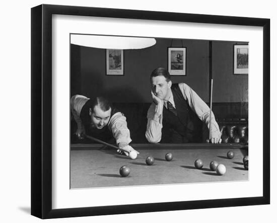 Snooker Player Prepares to Play a Shot as His Partner Looks On--Framed Photographic Print