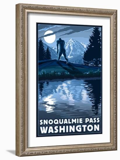 Snoqualmie Pass, Washington - Bigfoot and Mountain-Lantern Press-Framed Art Print