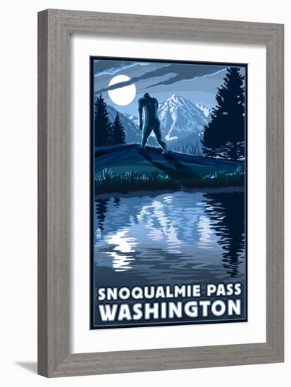 Snoqualmie Pass, Washington - Bigfoot and Mountain-Lantern Press-Framed Art Print