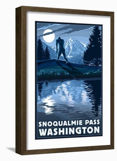 Snoqualmie Pass, Washington - Bigfoot and Mountain-Lantern Press-Framed Art Print