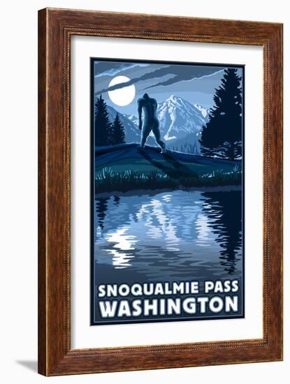 Snoqualmie Pass, Washington - Bigfoot and Mountain-Lantern Press-Framed Art Print