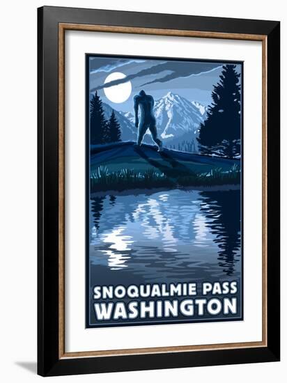 Snoqualmie Pass, Washington - Bigfoot and Mountain-Lantern Press-Framed Art Print