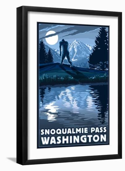 Snoqualmie Pass, Washington - Bigfoot and Mountain-Lantern Press-Framed Art Print