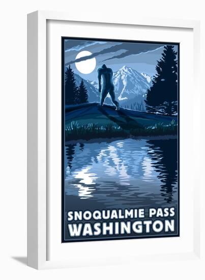 Snoqualmie Pass, Washington - Bigfoot and Mountain-Lantern Press-Framed Art Print