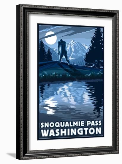 Snoqualmie Pass, Washington - Bigfoot and Mountain-Lantern Press-Framed Art Print