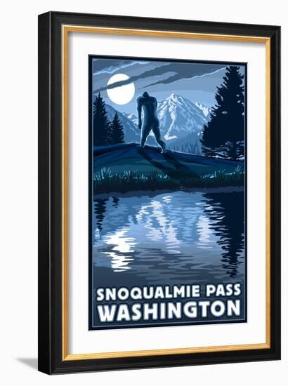 Snoqualmie Pass, Washington - Bigfoot and Mountain-Lantern Press-Framed Art Print