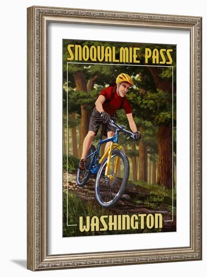 Snoqualmie Pass, Washington - Mountain Biker in Trees-Lantern Press-Framed Art Print