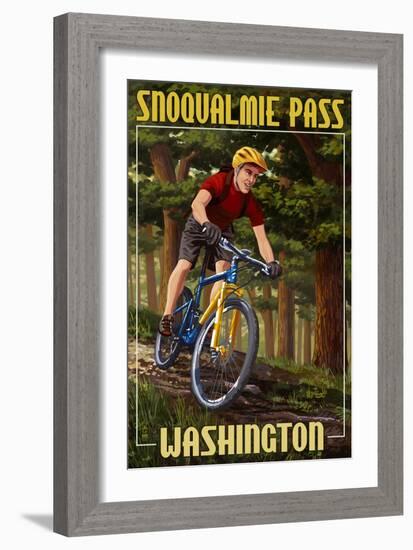 Snoqualmie Pass, Washington - Mountain Biker in Trees-Lantern Press-Framed Art Print