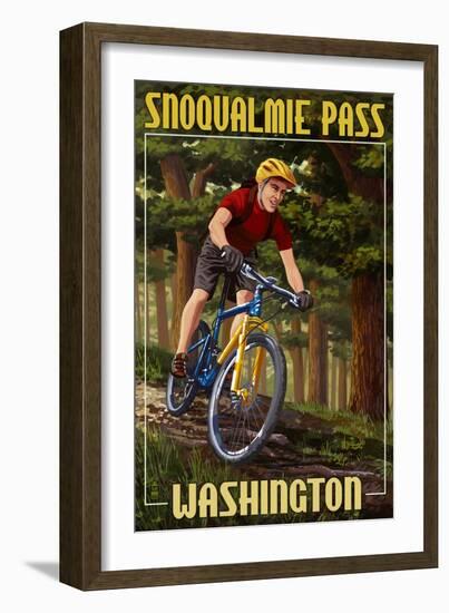 Snoqualmie Pass, Washington - Mountain Biker in Trees-Lantern Press-Framed Art Print