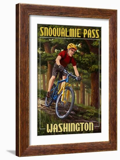 Snoqualmie Pass, Washington - Mountain Biker in Trees-Lantern Press-Framed Art Print