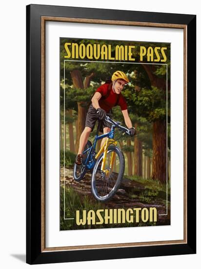 Snoqualmie Pass, Washington - Mountain Biker in Trees-Lantern Press-Framed Art Print