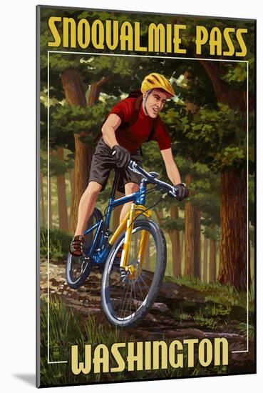 Snoqualmie Pass, Washington - Mountain Biker in Trees-Lantern Press-Mounted Art Print