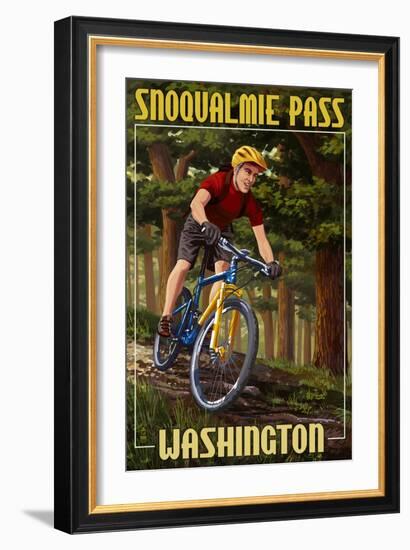 Snoqualmie Pass, Washington - Mountain Biker in Trees-Lantern Press-Framed Art Print