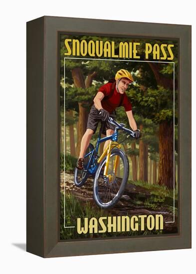 Snoqualmie Pass, Washington - Mountain Biker in Trees-Lantern Press-Framed Stretched Canvas