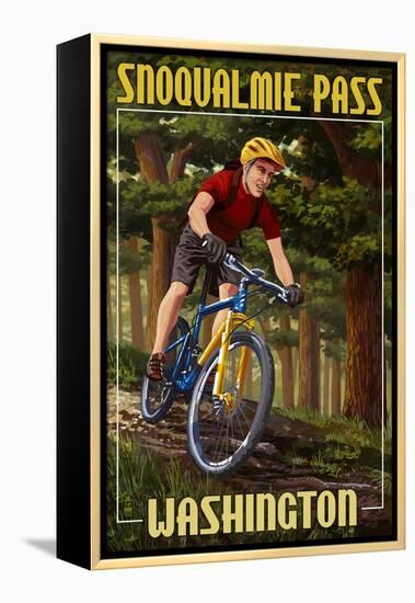 Snoqualmie Pass, Washington - Mountain Biker in Trees-Lantern Press-Framed Stretched Canvas