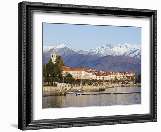 Snow Capped Mountains Above Stresa Waterfront, Lake Maggiore, Italian Lakes, Piedmont-Christian Kober-Framed Photographic Print