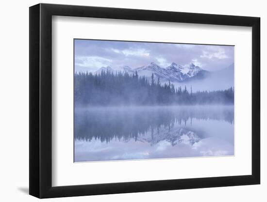 Snow capped mountains reflect in a misty Herbert Lake, Canadian Rockies, Banff National Park, Alber-Adam Burton-Framed Photographic Print