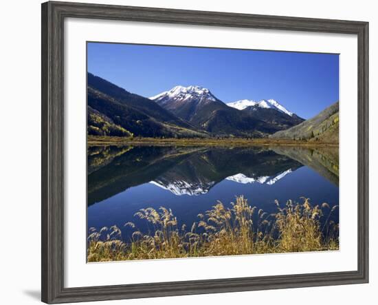 Snow-Capped Red Mountain Reflected in Crystal Lake with Fall Colors, Near Ouray, Colorado-James Hager-Framed Photographic Print