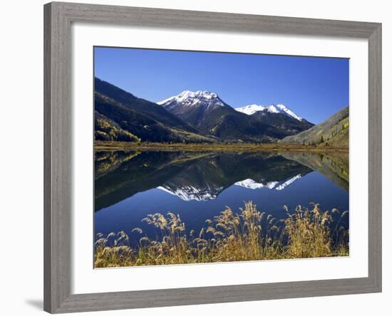 Snow-Capped Red Mountain Reflected in Crystal Lake with Fall Colors, Near Ouray, Colorado-James Hager-Framed Photographic Print