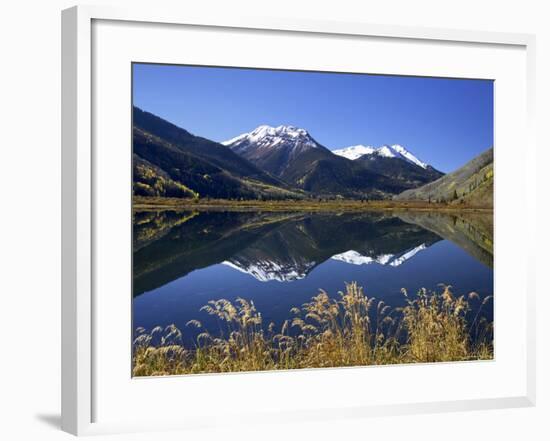 Snow-Capped Red Mountain Reflected in Crystal Lake with Fall Colors, Near Ouray, Colorado-James Hager-Framed Photographic Print