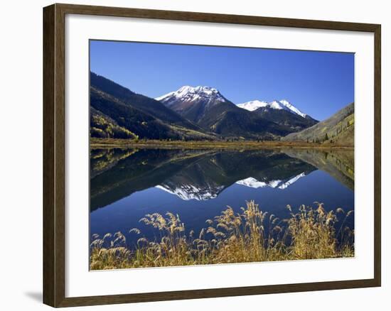 Snow-Capped Red Mountain Reflected in Crystal Lake with Fall Colors, Near Ouray, Colorado-James Hager-Framed Photographic Print