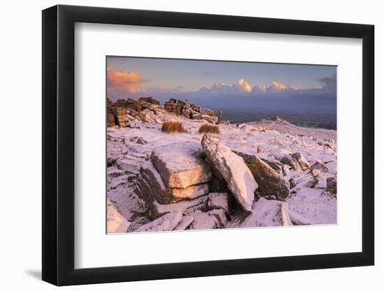 Snow covered Belstone tor at dawn, Dartmoor, Devon, England. Winter (January) 2016.-Adam Burton-Framed Photographic Print