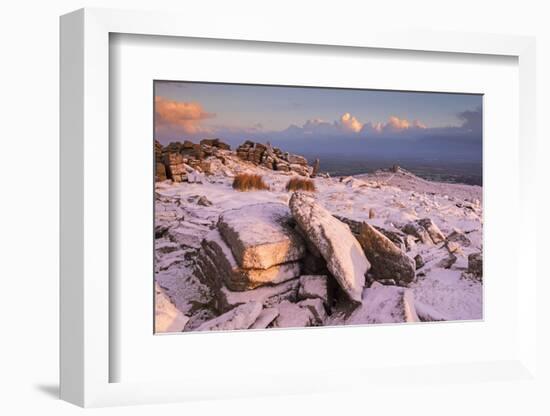 Snow covered Belstone tor at dawn, Dartmoor, Devon, England. Winter (January) 2016.-Adam Burton-Framed Photographic Print