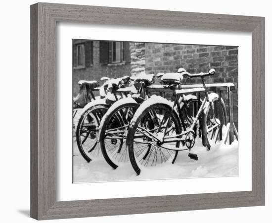 Snow-Covered Bicycles-Fred Musto-Framed Photographic Print