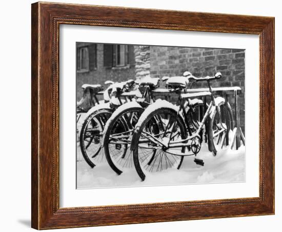 Snow-Covered Bicycles-Fred Musto-Framed Photographic Print