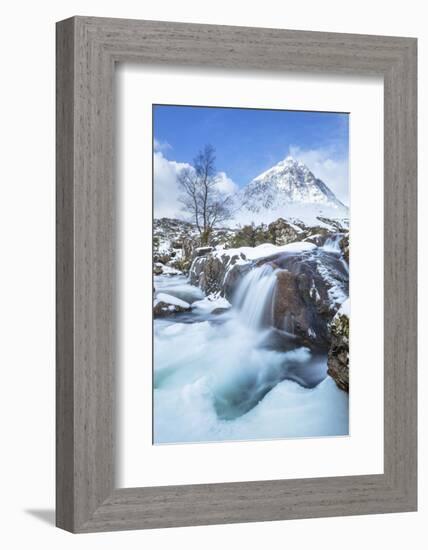 Snow covered Buachaille Etive Mor and the River Coupall, Glen Etive, Rannoch Moor, Glencoe-Neale Clark-Framed Photographic Print