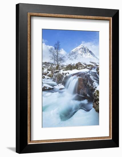 Snow covered Buachaille Etive Mor and the River Coupall, Glen Etive, Rannoch Moor, Glencoe-Neale Clark-Framed Photographic Print