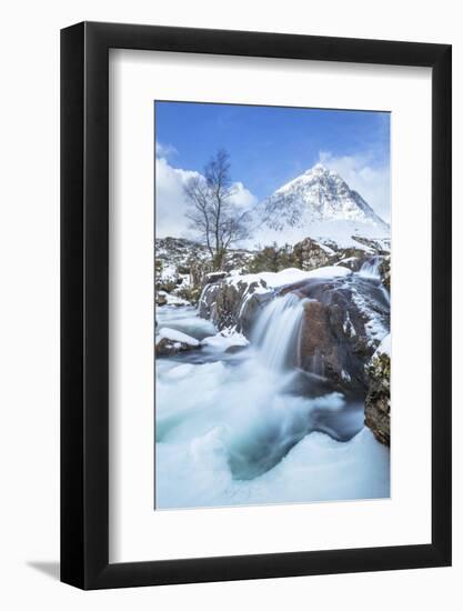 Snow covered Buachaille Etive Mor and the River Coupall, Glen Etive, Rannoch Moor, Glencoe-Neale Clark-Framed Photographic Print