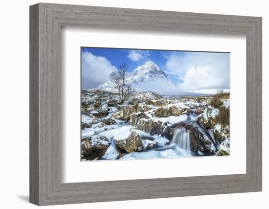 Snow covered Buachaille Etive Mor and the River Coupall, Glen Etive, Rannoch Moor, Glencoe-Neale Clark-Framed Photographic Print